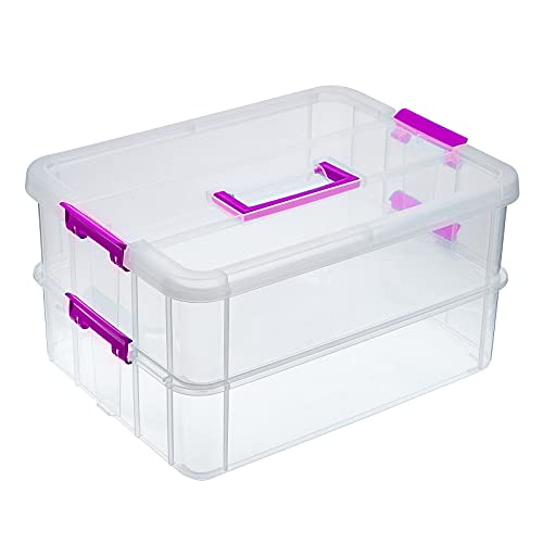 IGNPION Caja de almacenamiento apilable de 2 niveles de plástico ajustable con asa de transporte,...