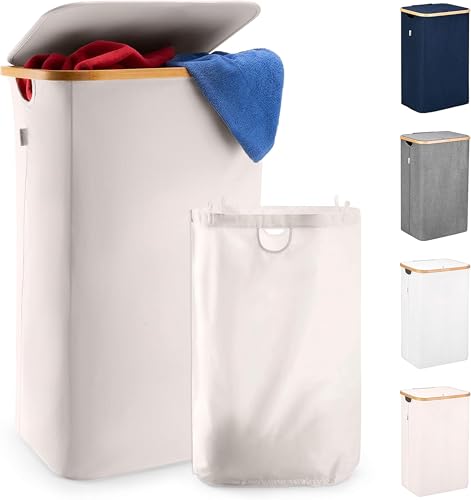 LONBET 100L Cesto Ropa Sucia con Tapa y Estructura de Bambú - Cubo Ropa Sucia Estético con Bolsa...