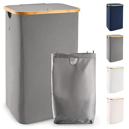 LONBET 100L Cesto Ropa Sucia con Tapa y Estructura de Bambú - Cubo Ropa Sucia Estético con Bolsa...