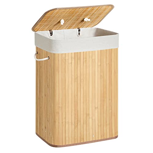 SONGMICS - Cesta de lavandería con tapa 72L, cesta de lavandería de bambú plegable, con bolsa...
