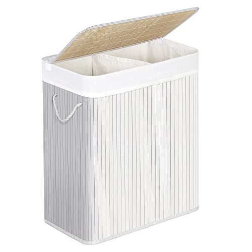 SONGMICS Cesta de lavandería con tapa, 2 compartimentos, de bambú, con bolsa extraíble lavable,...
