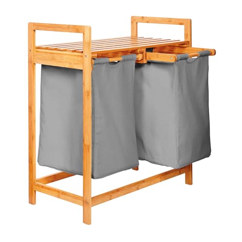 Lumaland cesto de ropa sucia de bambú con 2 bolsas de ropa sucia extensibles | Tamaño aprox. 73 cm...