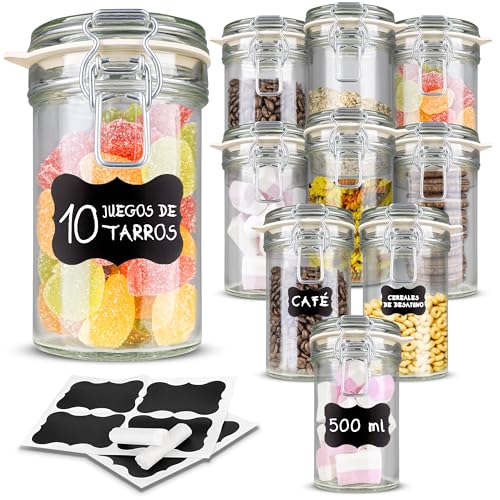 Creative Home 10 x Tarros de Cristal con Tapa Herméticos | 10 x 500 ml | Set Botes Envases Cierre...