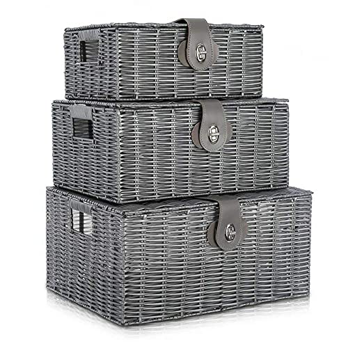 Conjunto de 3 cestas trenzadas de almacenamiento, asa lateral, organizador para cuarto de baño,...
