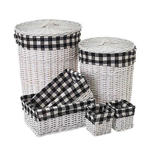 LOLAhome Set de 2 cestos y 3 cestas de Mimbre y Tela Blanco y Negro de Cuadros Vichy